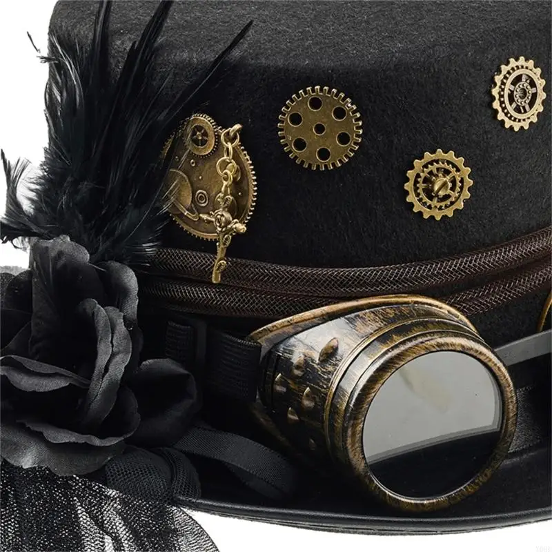 Steampunks-Themen-Mesh-Schleier-Top-Cap mit verstellbaren Brillendekoren, Modeaccessoire, Halloween-Kostümhüte, Y08E – Detail 3