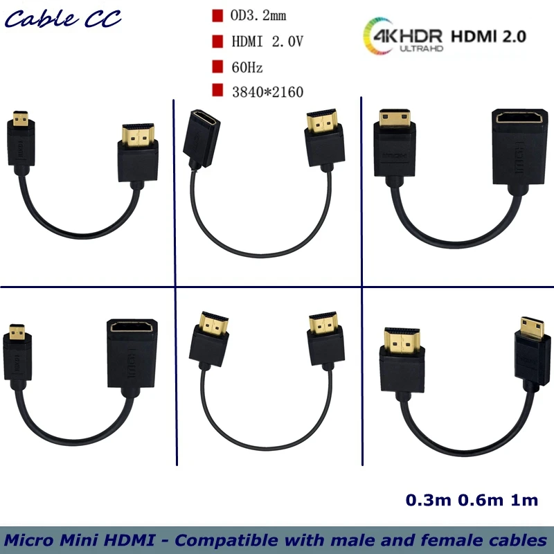 With HDMI - Compatible With 2.0 male and female Cable Ultra-thin 4k@60hz OD3.2mm Ultra Soft Micro to Mini HDMI - Compatible