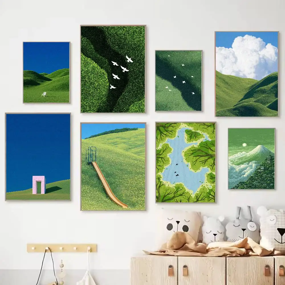 Affiche de paysage naturel minimaliste avec des collines vertes en relief, une prairie sereine, un lac et des montagnes, art mural rural calme pour la décoration intérieure