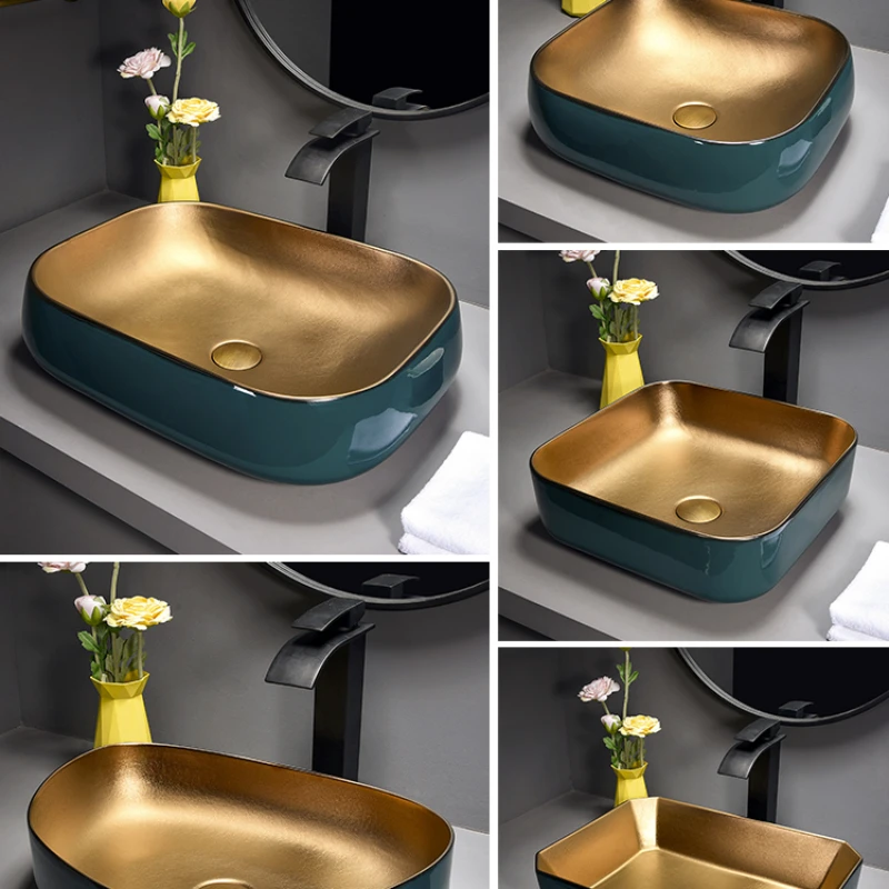 

Light luxury style washbasin, green and gold ceramic, hotel bathroom, home use