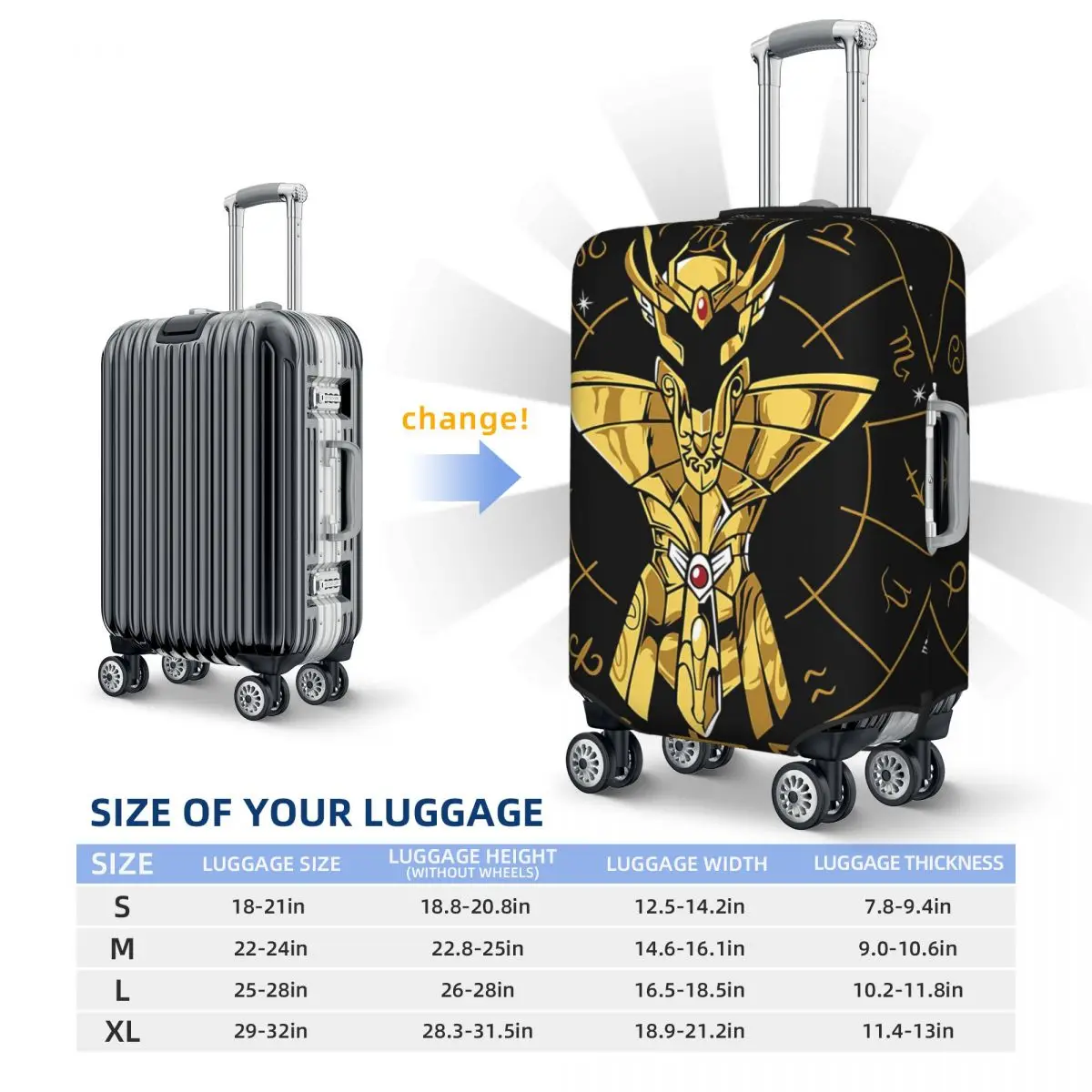 Juste de Protection Anti-Poussière pour Valise de Voyage, Juste artificiel astique et Imperméable, 18 à 32 Pouces, Virgo grill-Shaka Gold grill Saint Seiya