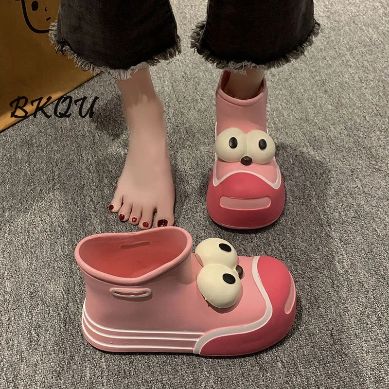 BKQU-Cute Funny Big Eyes Rain Shoes, Ins Alto Nível de Aparência, Palhaço Curto Fora Vestindo Ankle Boots, Novo, Primavera, 2022