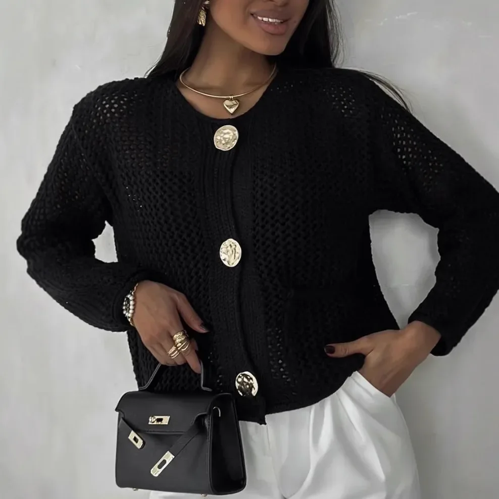 Printemps automne transfrontalier bouton unique aiguille épaisse haut du corps vêtements d'extérieur femmes à manches longues évider manteau en tricot