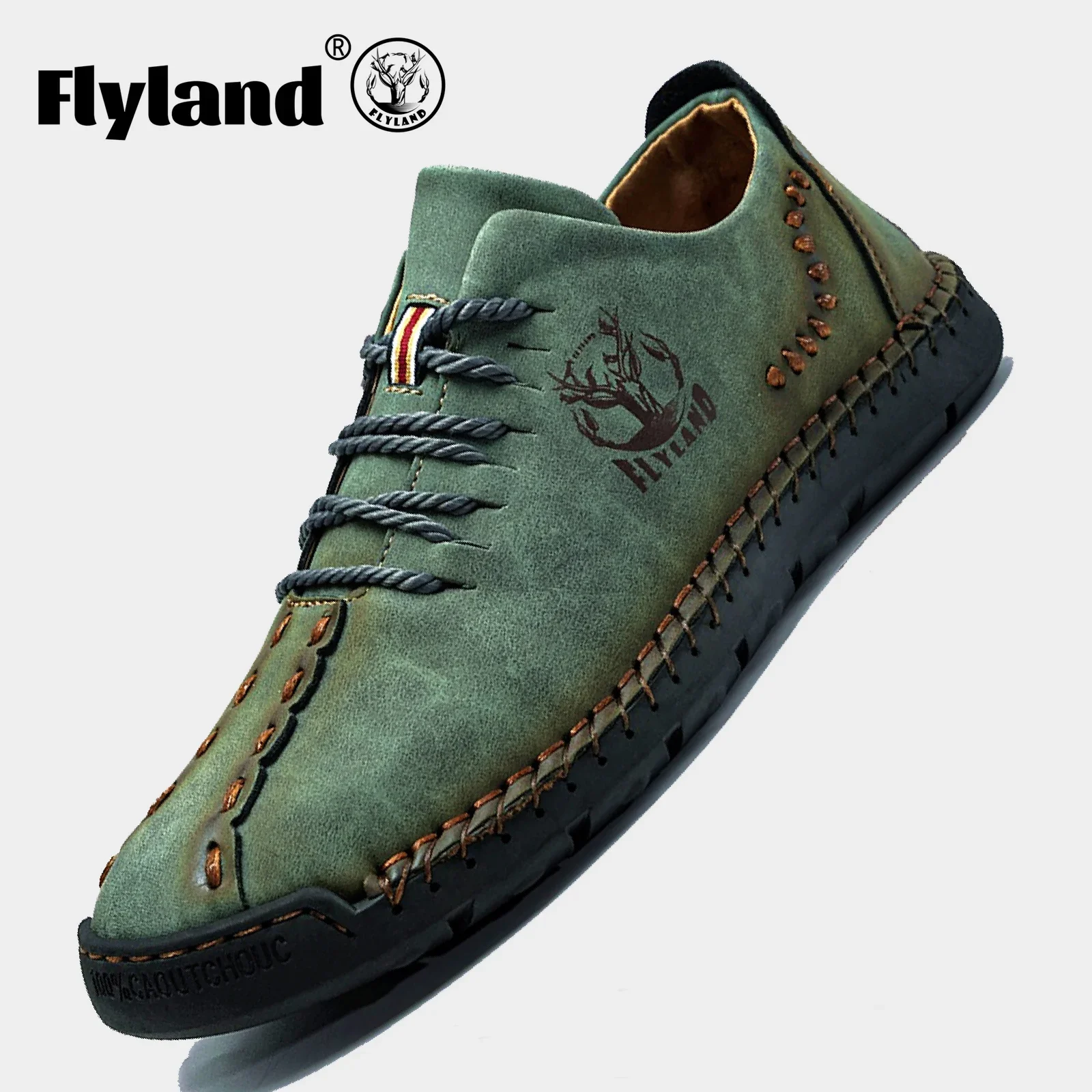 FLYLAND Men's Business Leather Shoes Fashion Sneakers Vintage Hand Stitching Soft Handmade Flats