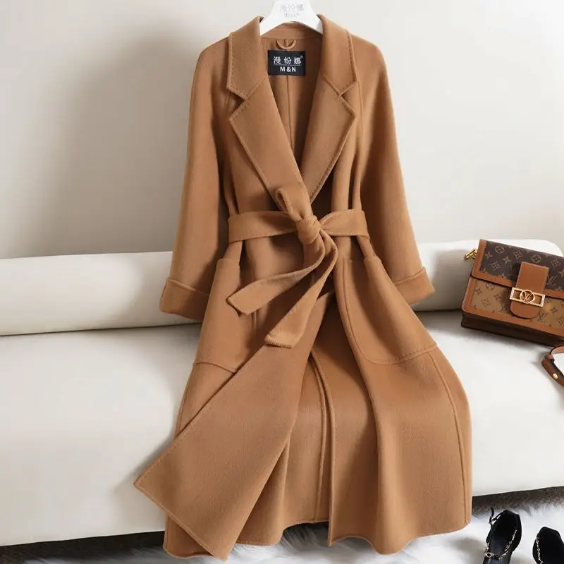 

Новинка 2026, осенне-зимнее модное двустороннее шерстяное пальто, женское длинное новое тонкое повседневное теплое шерстяное пальто, женское пальто