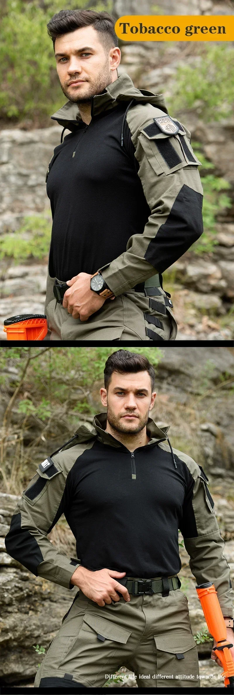 Herren Langarm Combat Shirt 1/4 Reißverschluss Ripstop Taktische Shirts Mit Kapuze Camo Airsoft T Shirts Wandern Jagd Kleidung Pullover – Detail 10