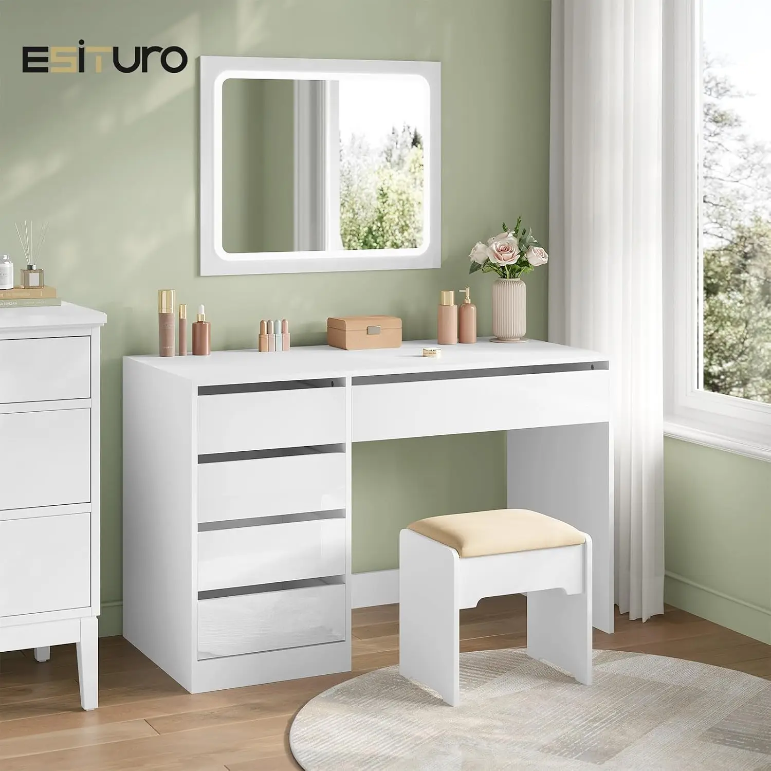 ESituro Schreibtisch mit 5 Schubladen Computertisch mit Großem Stauraum für Büro Studierzimmer Jugendzimmer Schlafzimmer 120 X 55 X 75 cm