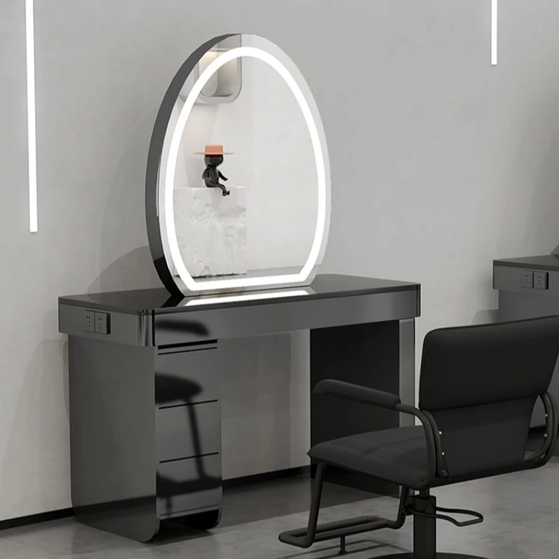 

Hair Salon Floor Mirror Table Hair Salon Simple Stainless Steel Hair Mirror Barber Shop with Cabinet