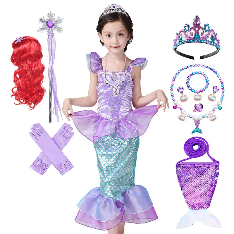 Disney 4-8 Years Little Mermaid Cosplay Costume Girl Halloween Siren Ariel Disguise Kid Princess Party Role Play Dress for Girl