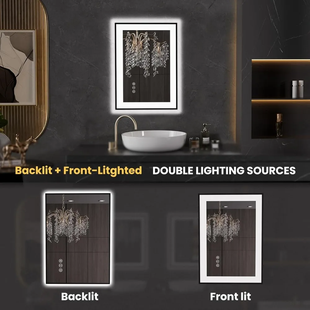 Anti-Fog Dimmable LED Bathroom Mirror with Memory Function, Wall-Mounted Vanity Mirror, Temperature Display, Black Framed 20x28