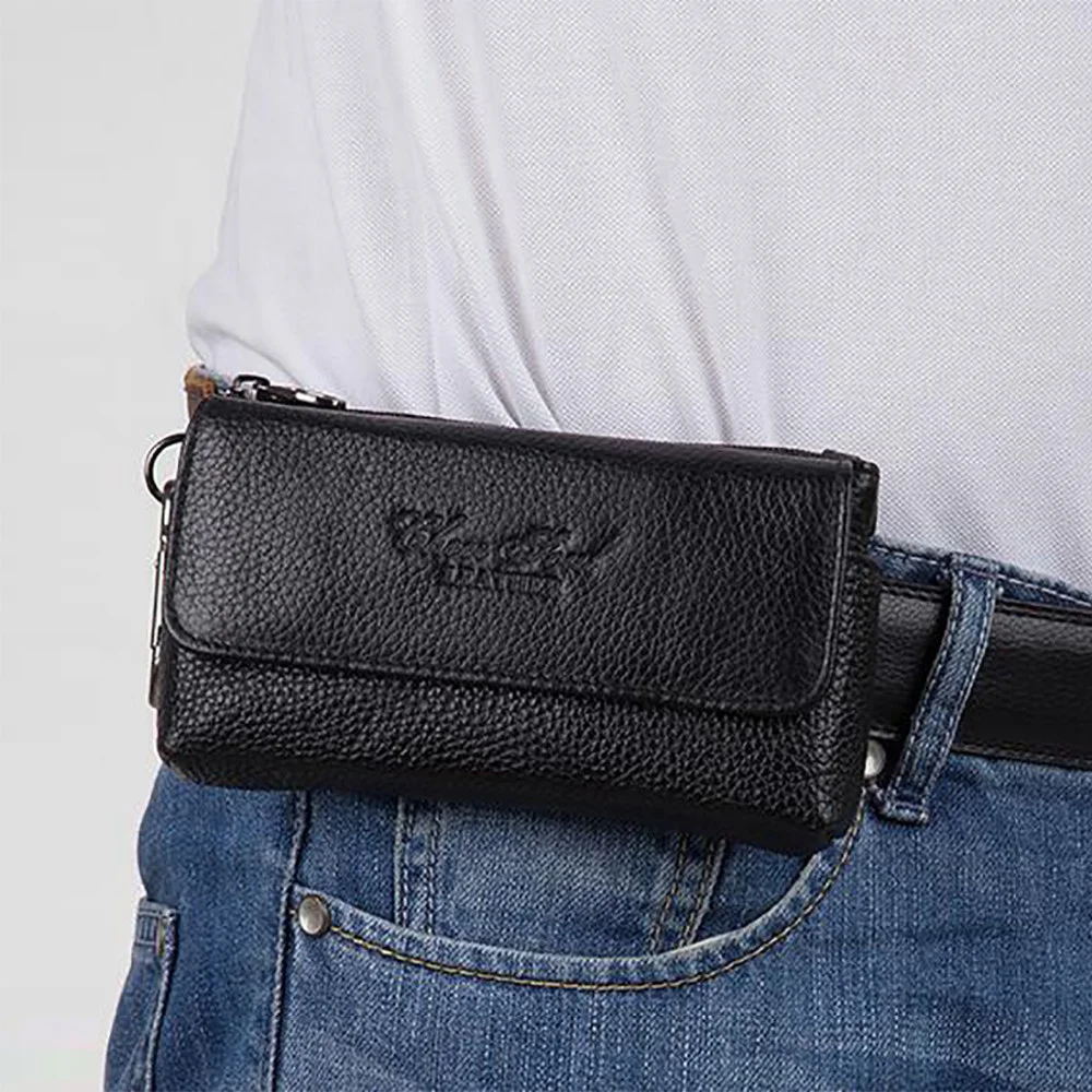 Bolso de cuero de vaca genuino para hombre, bolsa de cintura con gancho, monedero, Pocuh, funda para teléfono móvil, Cinturón de piel