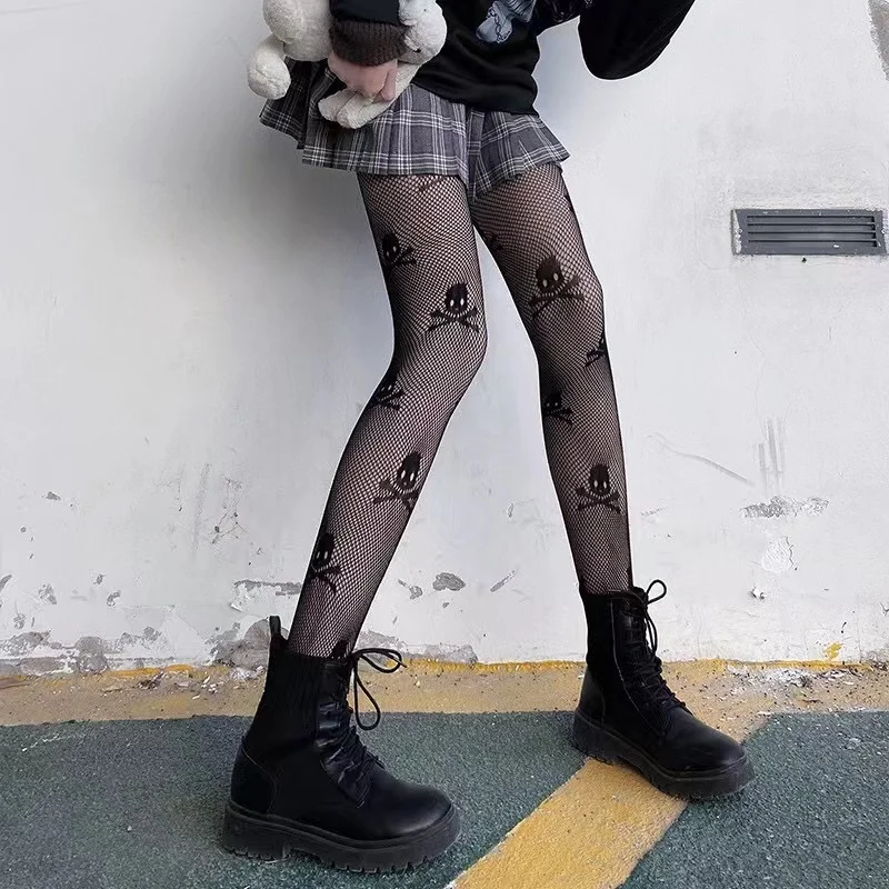 Fishnet Gothic Punk Stil Mesh Schädel Druck süße Strumpfhosen Piraten Halloween Kostüm Sexy Strumpfhosen JK Party Club Kawaii Strumpf – Detail 2