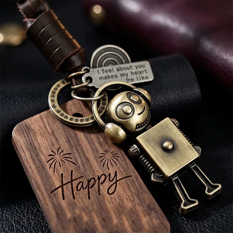 Retro earphone robot keychain, movable joint robot pendant Happy engraving wooden plate braided leather rope, car keychain
