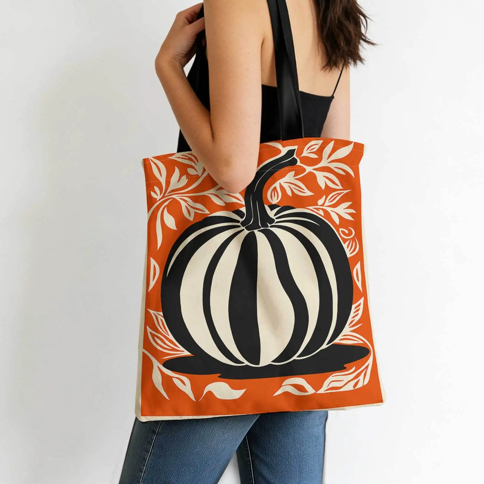 Double Sided Printed Shopping Tote Bag And Striped Pumpkin with Leafy Vines, Lightweight Foldable Reusable Shoulder Storage Bag