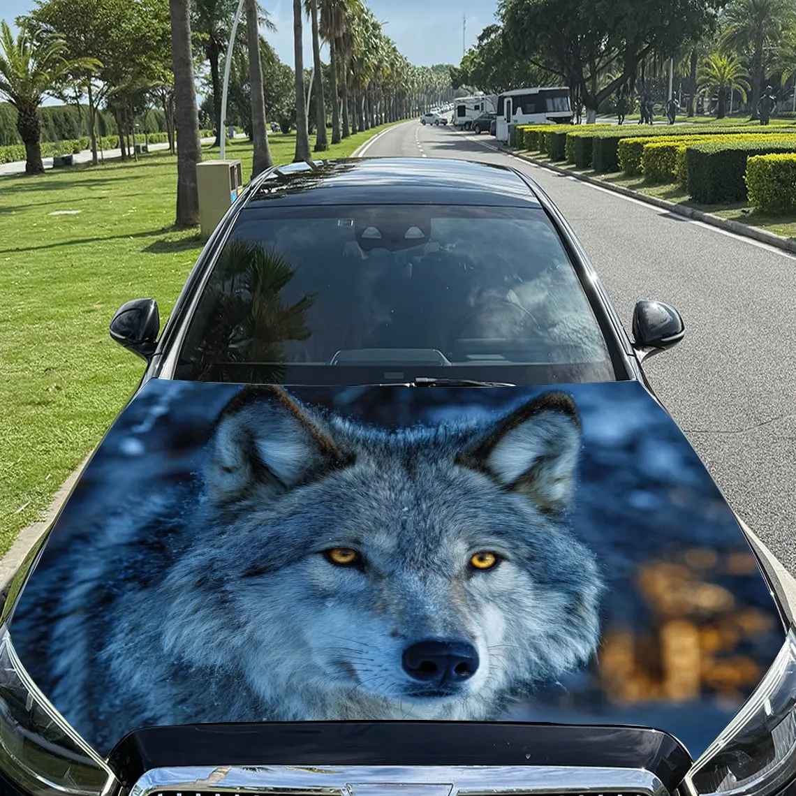 

Car Decals Realistic Wolf with a Focus on Its Expressive Eyes and Textured Fur Against a Naturalistic Backdrop Car Hood Sticker,