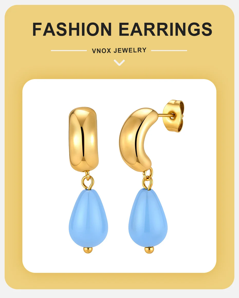 Vnox Boho Naturstein-Wassertropfen-Ohrringe für Damen, vergoldet, C-Form, Aquamarin-Chalcedon-Ohrringe, Sommer-Strandschmuck – Detail 1
