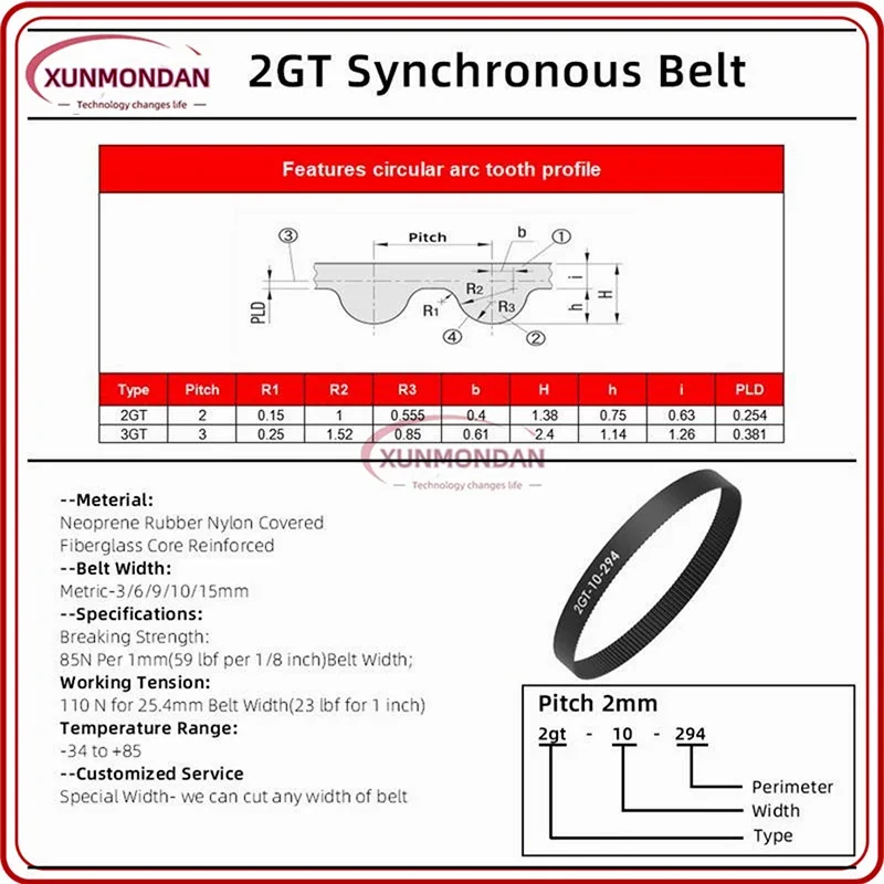 Ремень ГРМ Xunmondan 2GT/GT2 1540/1600/1610/2000/2220/2270/2500/3000/3230/3600 мм Ширина ремня 6 мм/9 мм/10 мм/15 мм