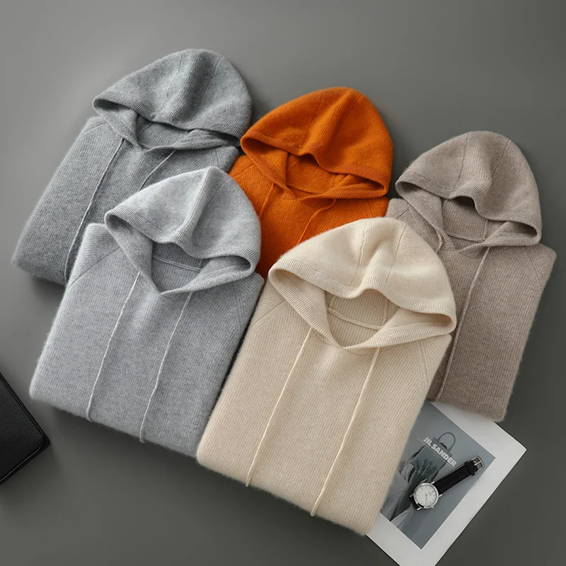 

Мужской вязаный свитер, утолщенная толстовка с капюшоном из 100% мериносовой шерсти, пуловер, осень/зима 2025, новый свитер, повседневный свободный спортивный топ с длинными рукавами