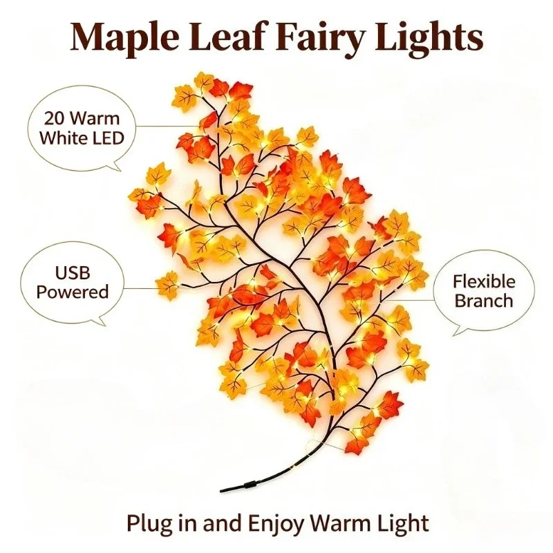 Thanksgiving Autumn Maple Leaf Vine Wall Light, Flexible Branch LED Fairy String Light Fall Maple Garland Lamp for Fireplace Wall Home Bedroom Decor