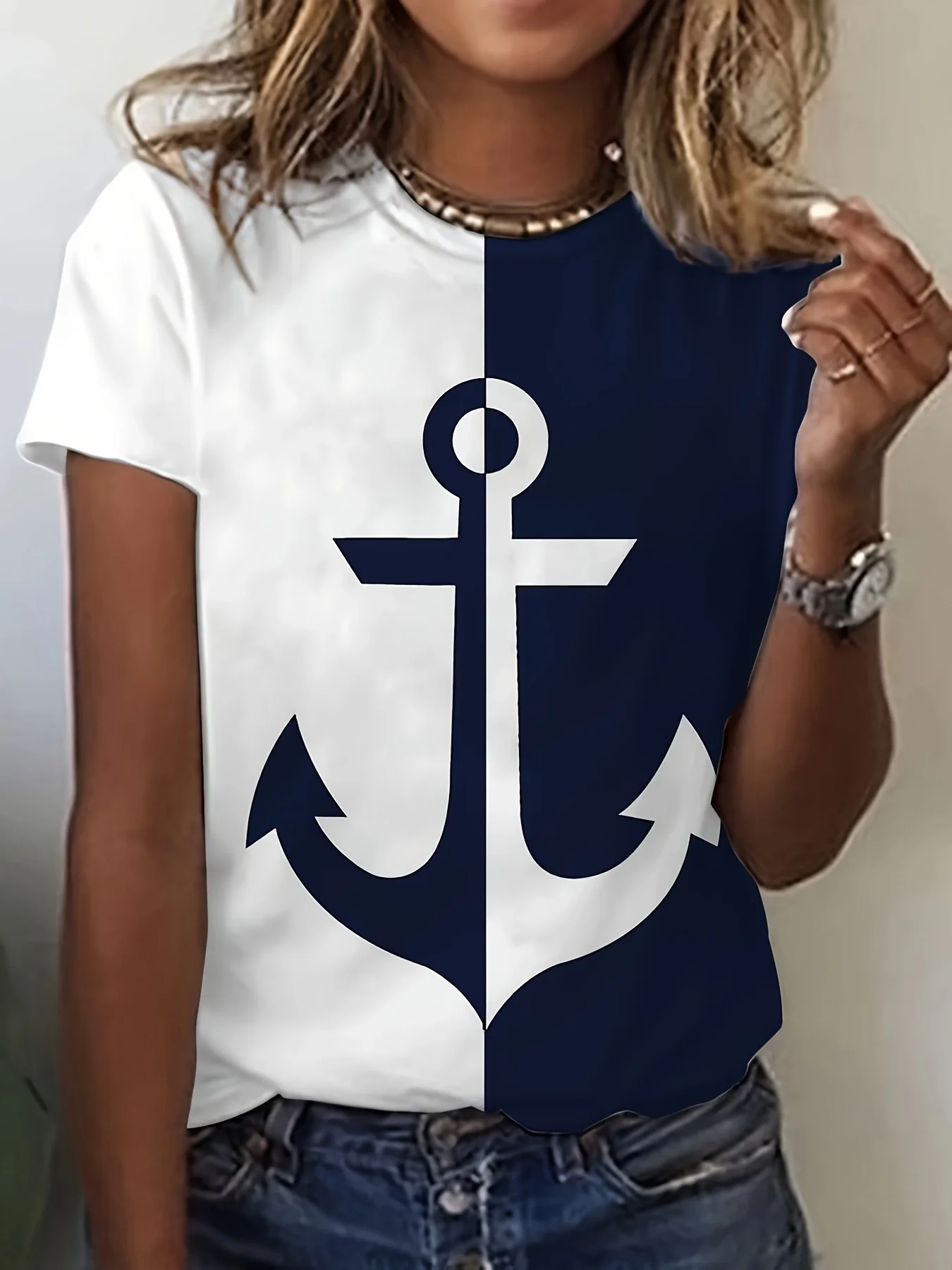 

O-Neck Tshirt Fashion Casual Short Women‘s Anchor 3D Print O Sleeve For Spring Summer Harajuku Female Loose Tee Streetwear Tops