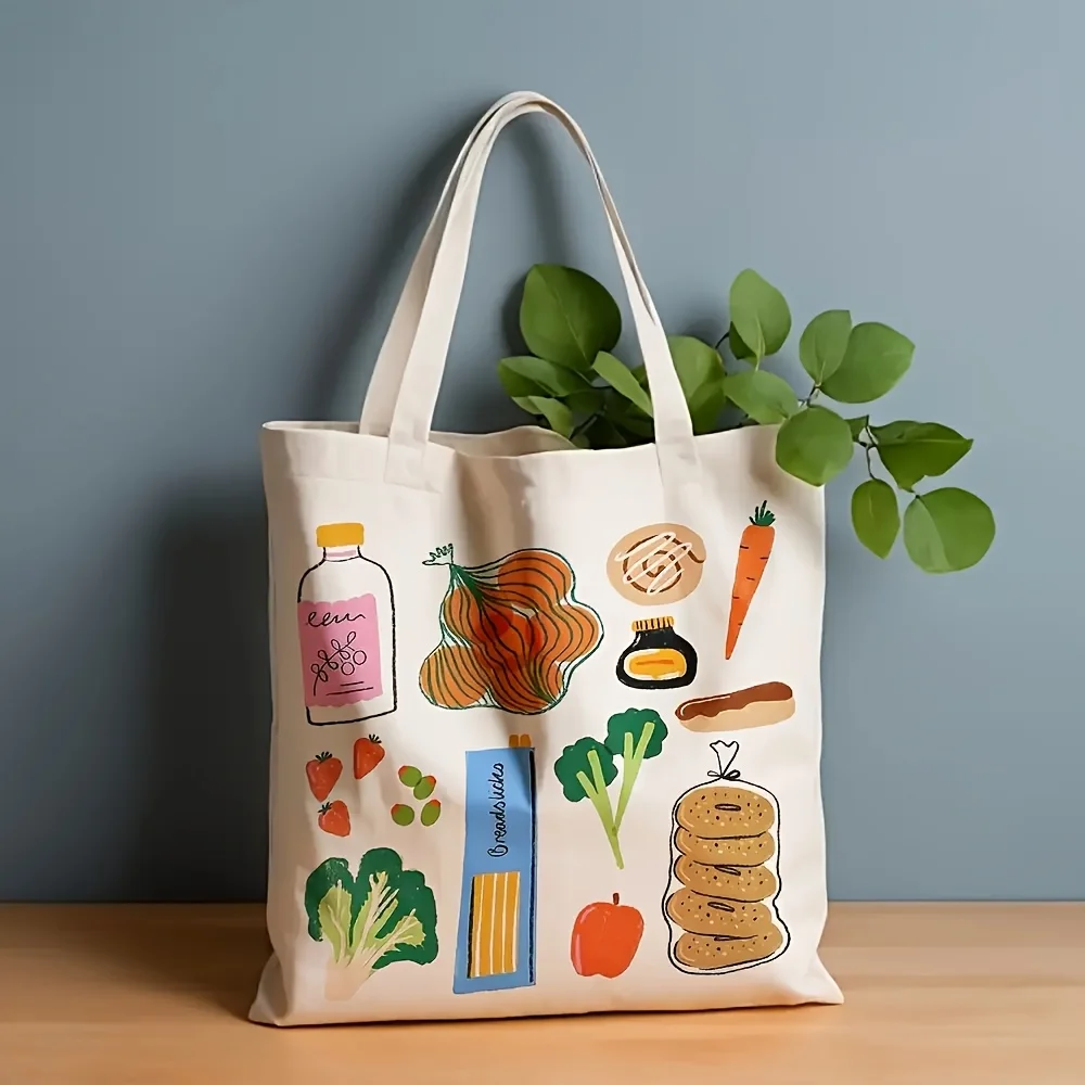 Brightly Colored Vegetable Illustration Tote Bag, Reusable Shopping Bag, Farm Market Design, Suitable for Daily Use