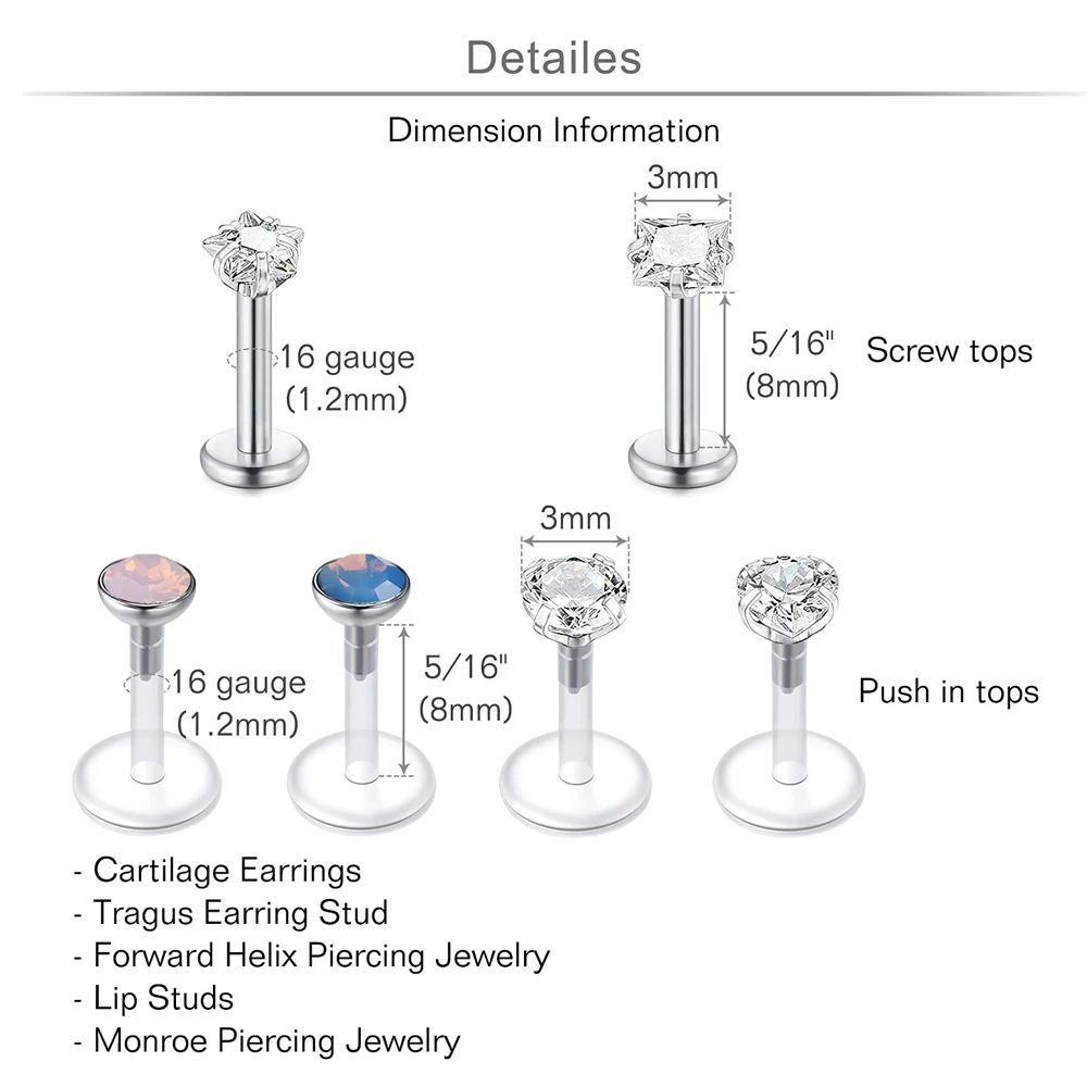 1PCS 16G Acrylic Stainless Steel Lip Ring Piercing Crystal Monroe Lip Stud Helix Tragus Conch Cartilage Earrings Size 6-10mm