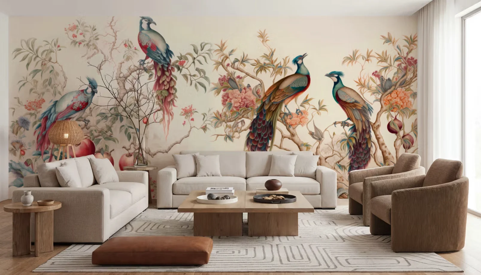 Customized size mural peacock parrot flower bird wallpaper pomegranate tree fruit decoration painting living room bedroom mural