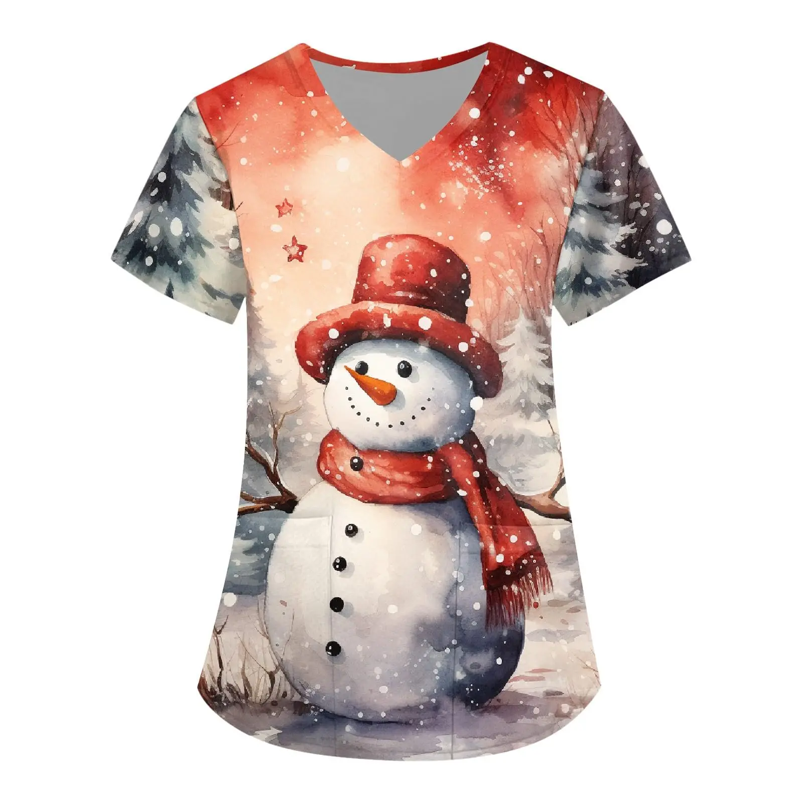 Christmas Snowman Splicing Cartoon Print V-neck Short Sleeve Nurse Work Uniform Casual Breathable Women's Nurse Clothes Top