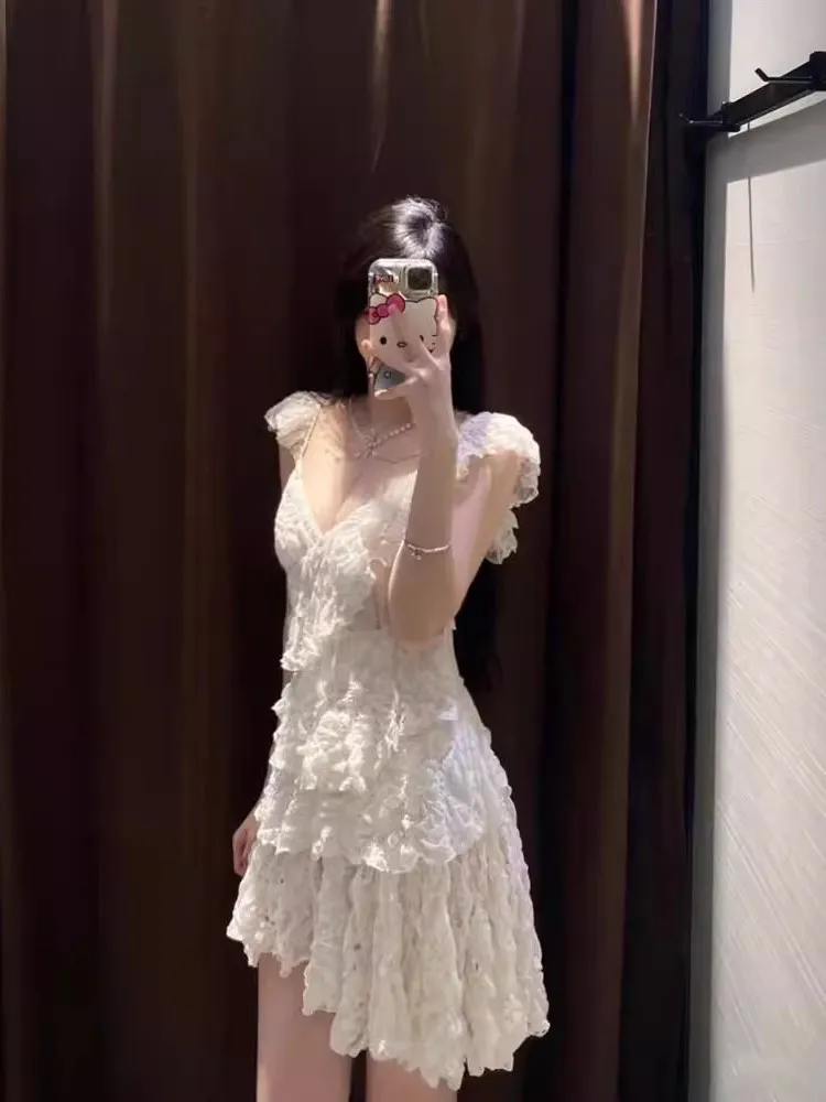 Verão 2025 Nova Faion Lace Em Camadas Decoração Strap Dr Feminino 229890 72 Doce Cintura Alta Fly Sve Poliéster Bolo Sk...