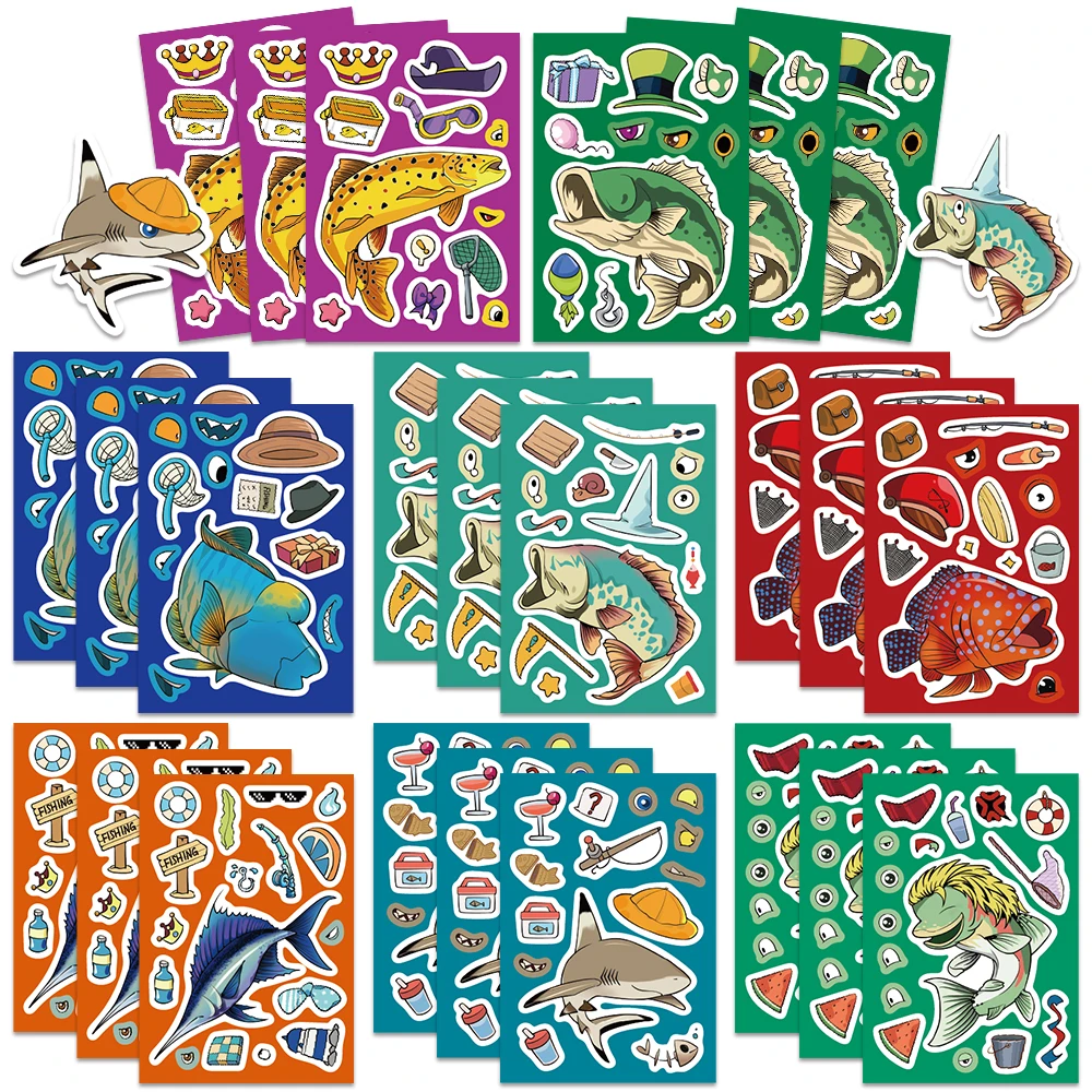 

8/16/32Sheets Cartoon Fishing Make A Face DIY Puzzle Stickers Dress Up Game Funny Assemble Stickers Kids Girls Toys Gifts
