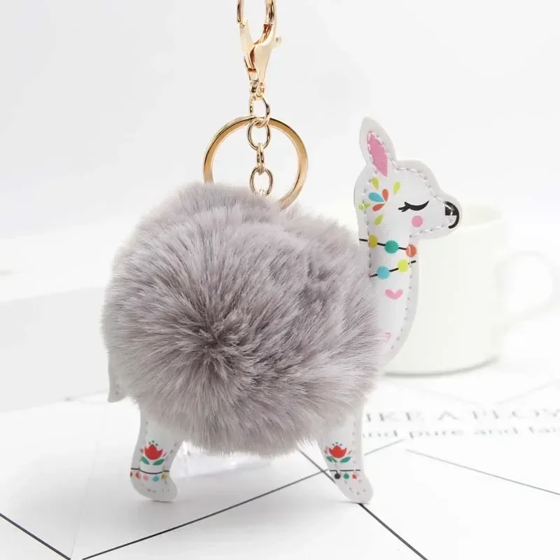 Bola de pelo esponjosa, bonito llavero de Alpaca, llavero de cuero con forma de Animal, llaveros, llavero con pompón de piel de conejo Artificial, joyería para mujer