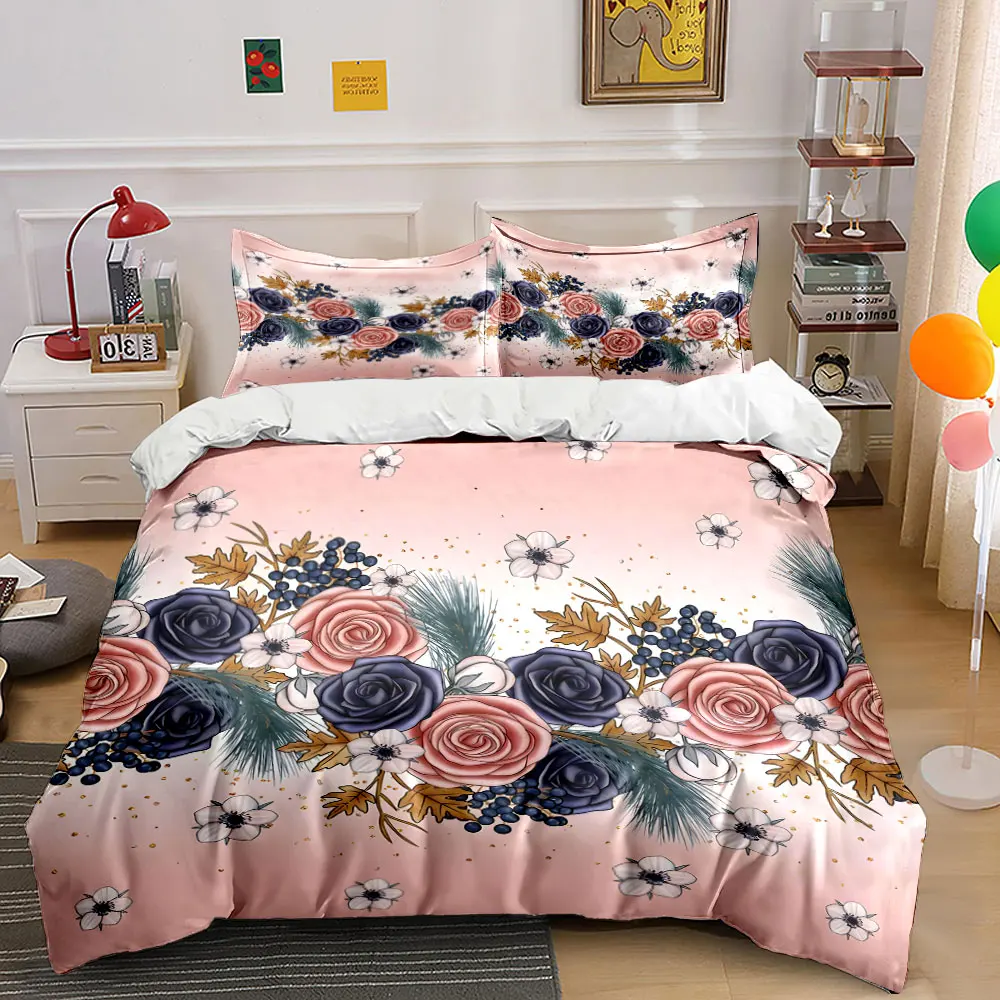 

Exquisite floral illustration Bedding Set for Kids Luxury Gift 3pcs Digital Print Comforter Set Soft Comfortable Breathable