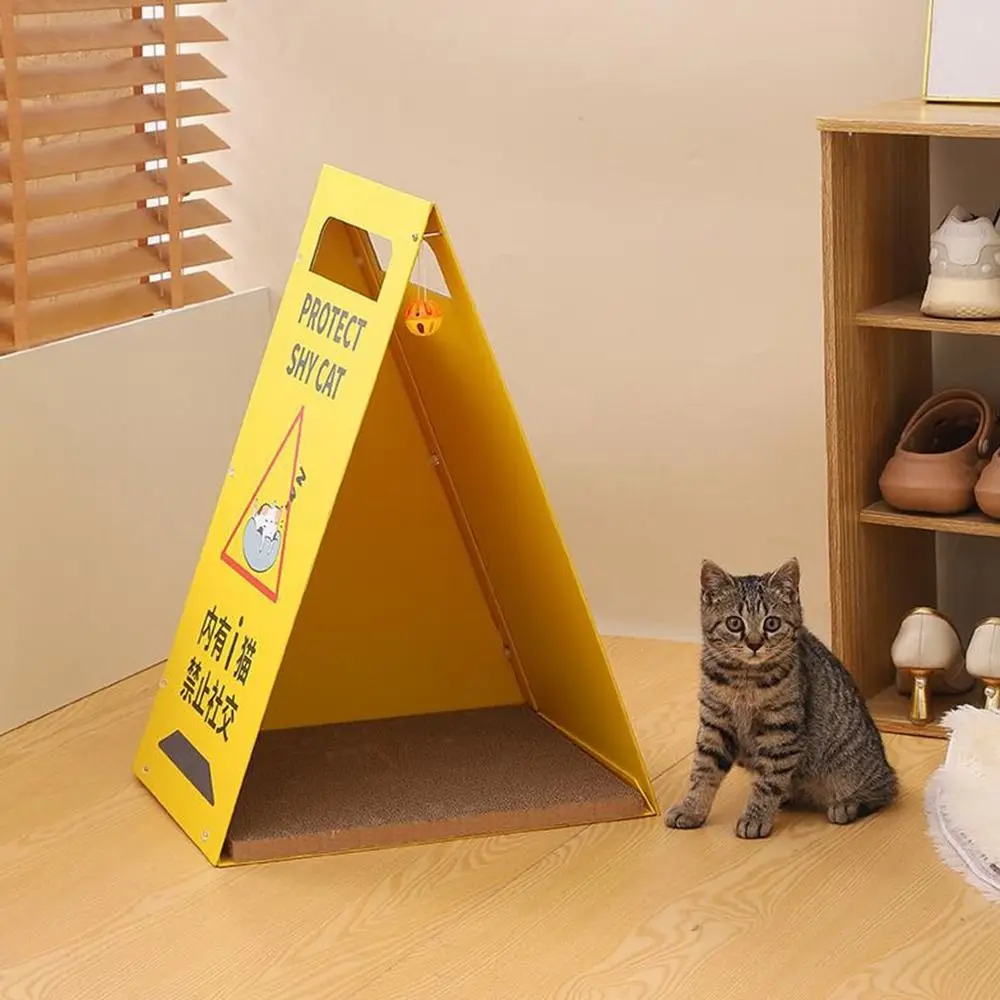 

Corrugated Cardboard Road Sign Cat Scratching Board Foldable Semi-Enclosed Summer Cat House with Bell Toy Scratch Resistant