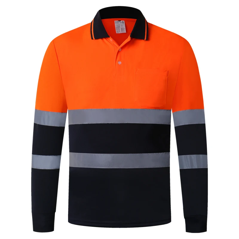 Two Tone Long Sleeve Safety Polo Shirt Orange High Visibility Reflective Shirt With Pockets Hi vis work shirt