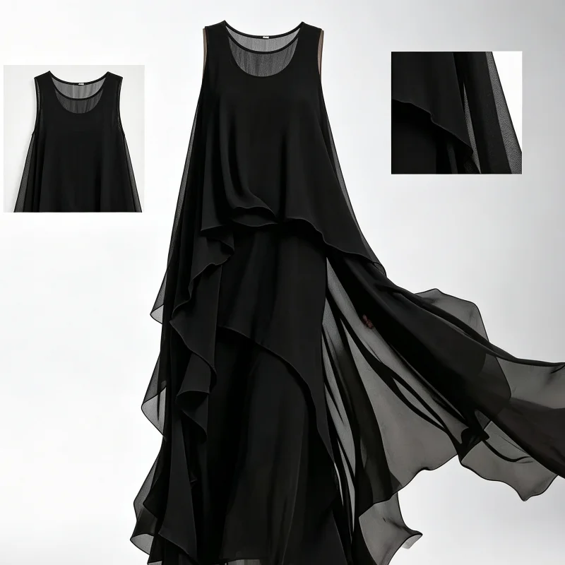 Elegantes Chiffonkleid für Damen, ärmellos, Rundhalsausschnitt, asymmetrischer Saum, langes Kleid, mehrlagiges Cocktailkleid für Hochzeitsgäste