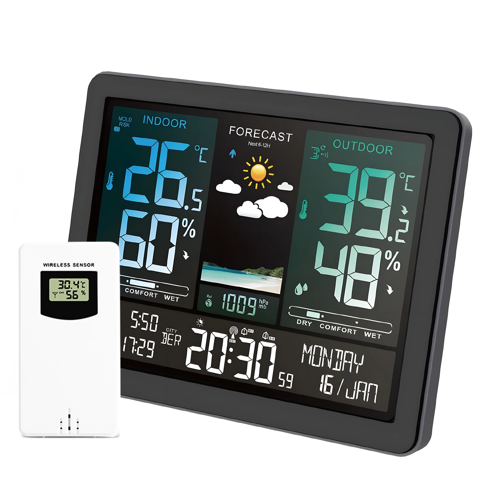 Weather Clock with Color Display - Features Sunrise/Sunset Times, Wireless Temperature and Humidity Readings