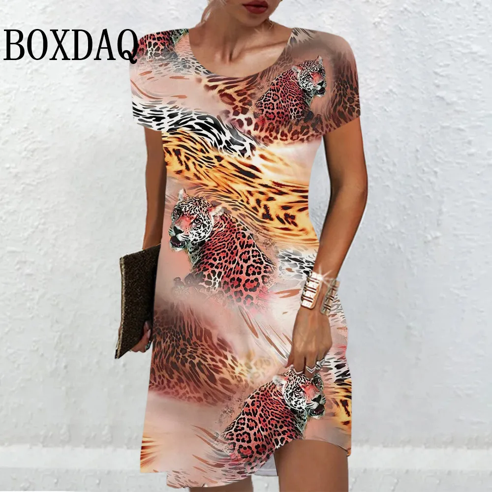 Abstract Leopard Dresses For Women 2024 New Fashion Elegant Leopard Print Dress Short Sleeve Summer Plus Size Clothes Casual 6XL