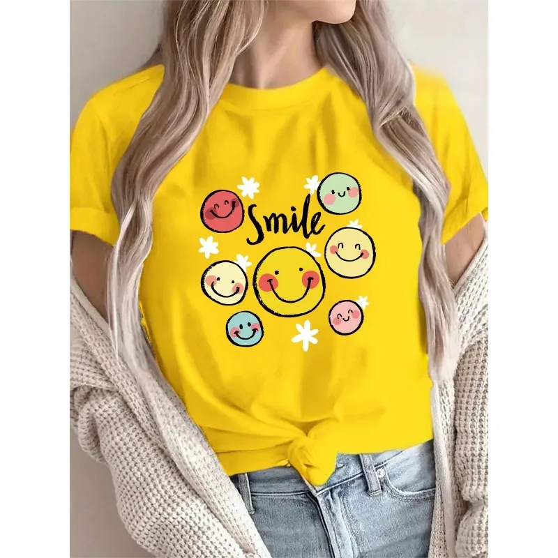 Ladies' Smiling Expression Printed T-shirt Cute Cartoon Pattern Round Neck Short Sleeved Casual Summer Top Yellow Summer T-shirt