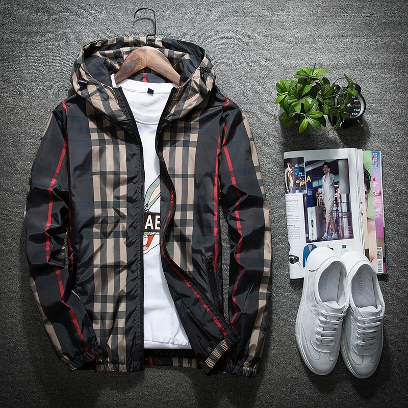 

High Quality 2025 Jacket Men Spring and Autumn New Korean Version Slim Hooded Spring Classic Plaid Comfortable and Breath Jacket
