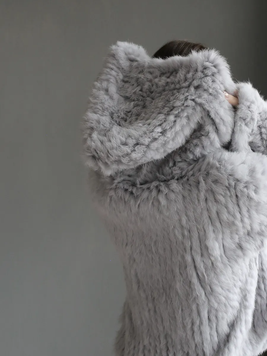 Long Sleeve Casual Loose Knitted Real Rabbit Fur Hooded Coat Women Genuine Natural Rabbit Fur Outwear Female Fur Jacket