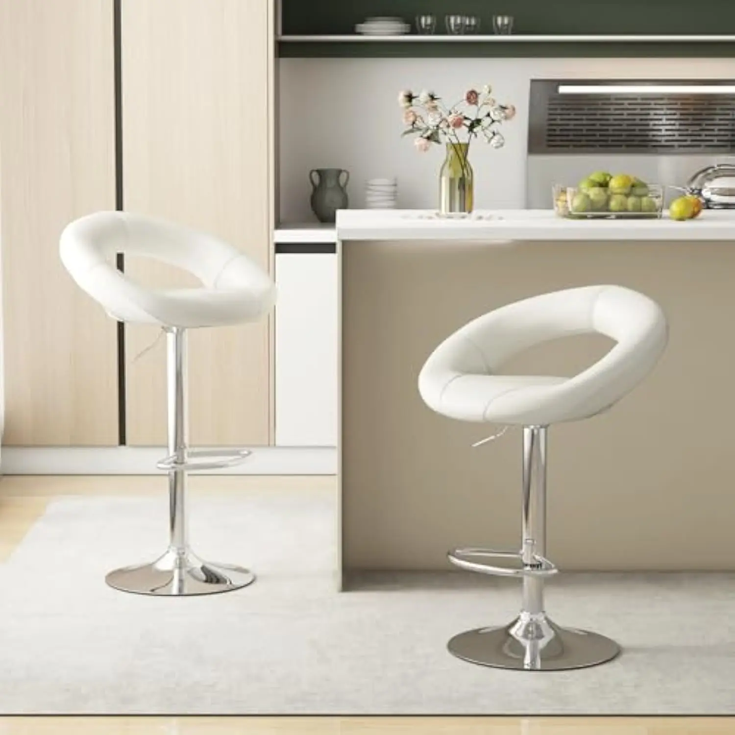 

Adjustable Swivel Bar Stools Set of 2, Modern PU Leather Counter Height Bar Chairs w/Hollowed Back, Footrest, Metal Base, Anti