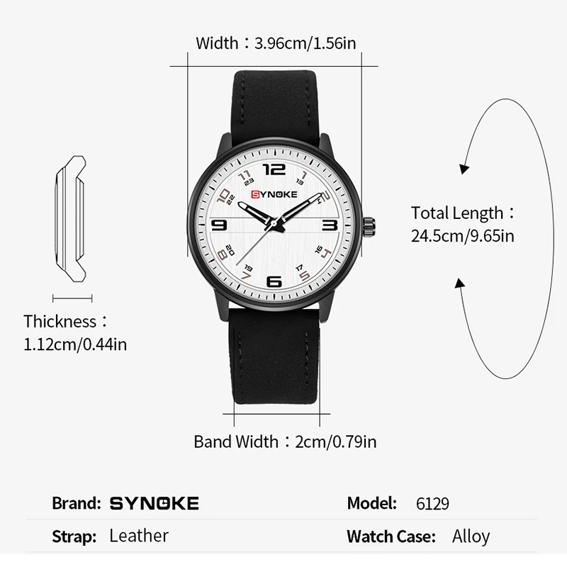 SYNOKE Brand Quartz Watch Men 40mm Alloy Case Leather Strap Simple Large Number Display Waterproof Wristwatches Male