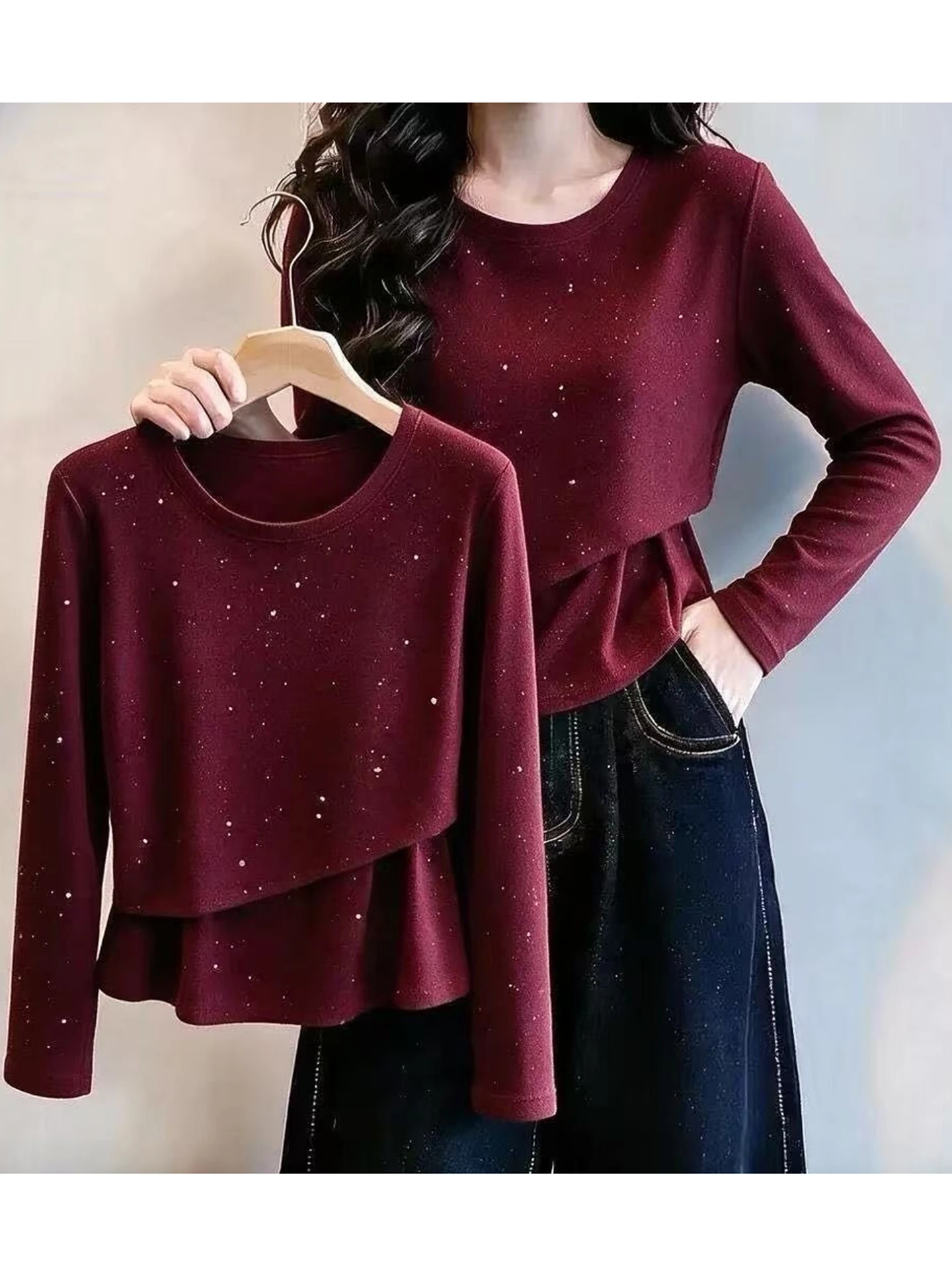 Shiny Sequin Autumn New Women's Long Sleeve T-shirt Body Concealing Slimming Versatile Top Casual Standard Fit Skin-friendly ...