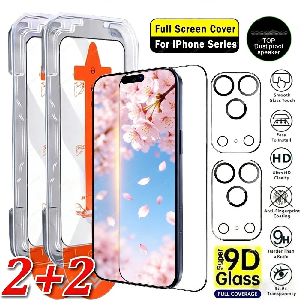 

4-in-1 Full Cover Screen Protector for iPhone 17 16 15 14 Pro Max Air 15 16 Plus 13 12 11 Pro Mini One Click Installation Glass