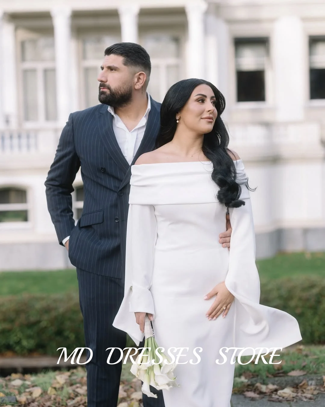 MD Elegan White Mermaid Wedding Dress Long Sleeves Evening Dress Off Shoulder Bride Gownvestidos de novia Customized 2025 Saudi