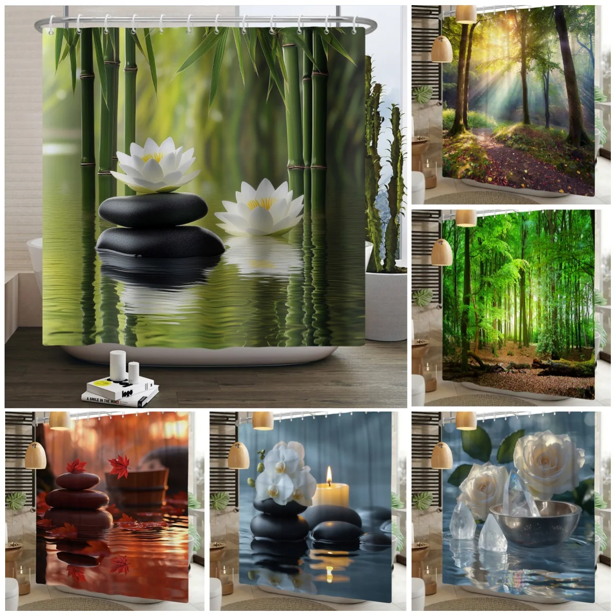 

Зеленая занавеска для душа с рисунком бамбука, камней и орхидей, водонепроницаемая, из полиэстера, 180*200 см, с крючками