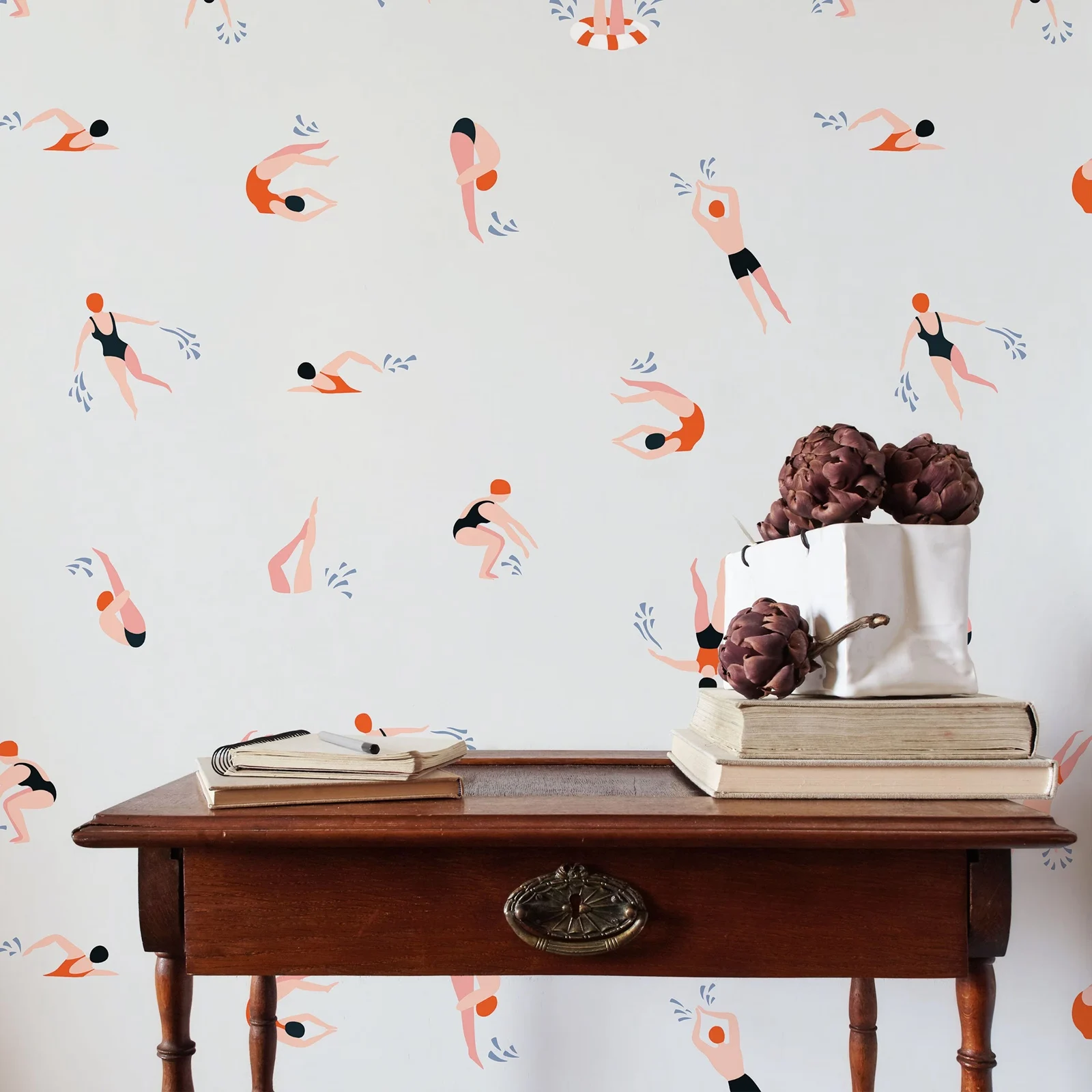 Summer Swim Wallpaper Peel&stick and Traditional ,Removable and Renter Friendly,Swimming Figures Wall Paper For Home Decoration