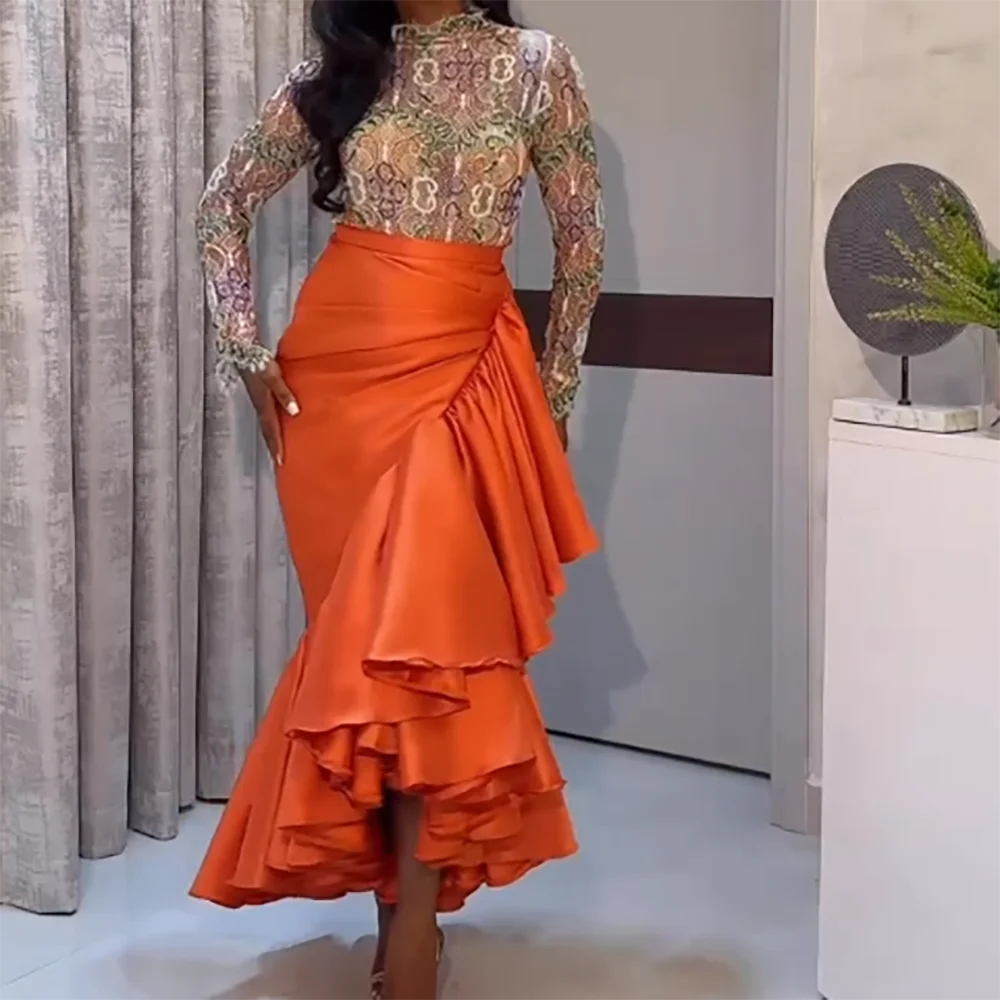 

Chic O-Neck Colorful Full Sleeve Pleat Asymmetrical Formal Evening Dresses Birthday Party Prom Gowns Customized