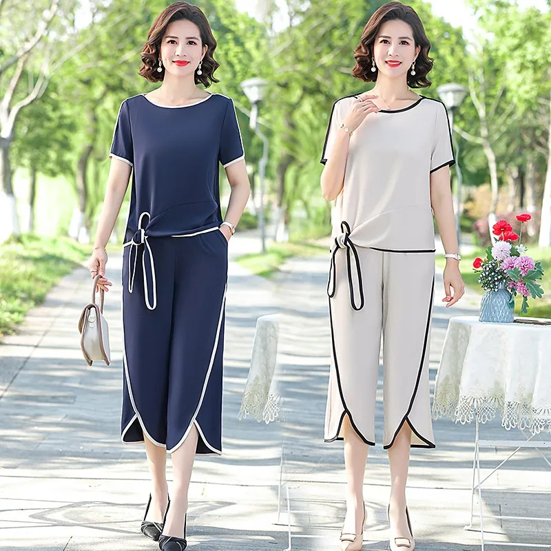 

Mother Summer Short Sleeve Lace-up T-shir tops + Pants Middle-aged Women Clothes Edge solid color Two Pieces of Suits Female Set
