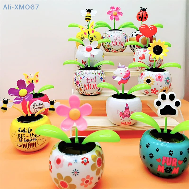 1PC Auto Dashboard Decor Office Indoor Car Ornament Flower Pot Solar Powered Dancing Shaking Head Cartoon Apple Flower Pot image 6